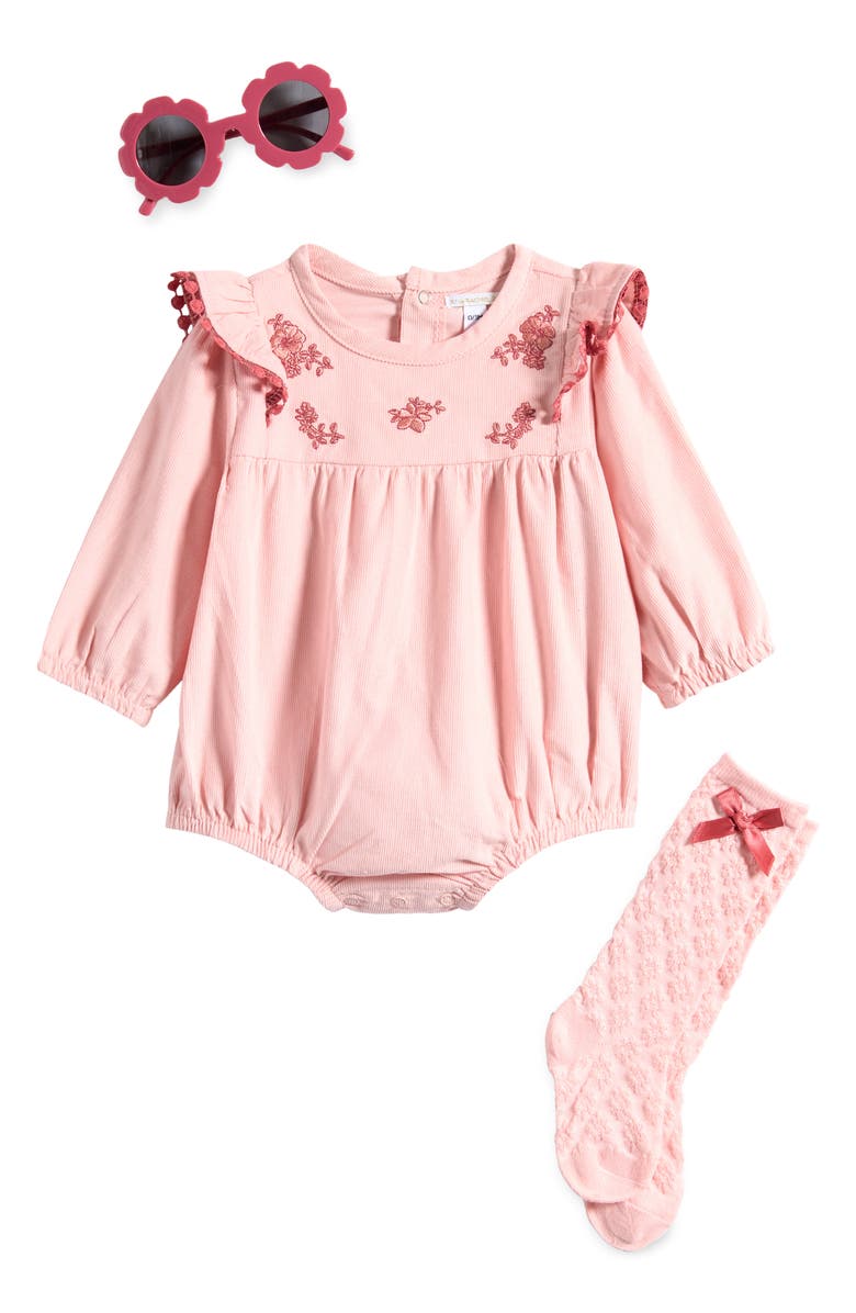 Rachel Zoe Floral Embroidered Corduroy Romper, Socks & Sunglasses Set, Main, color, Open Pink