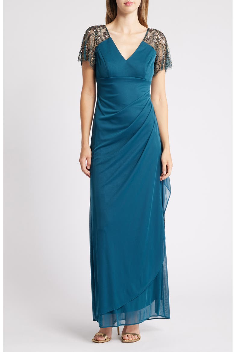 Xscape Beaded Sleeve Ruched Column Gown, Main, color, NEO EMERALD