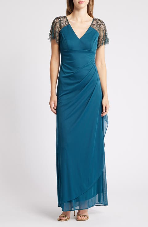 Xscape Beaded Sleeve Ruched Column Gown