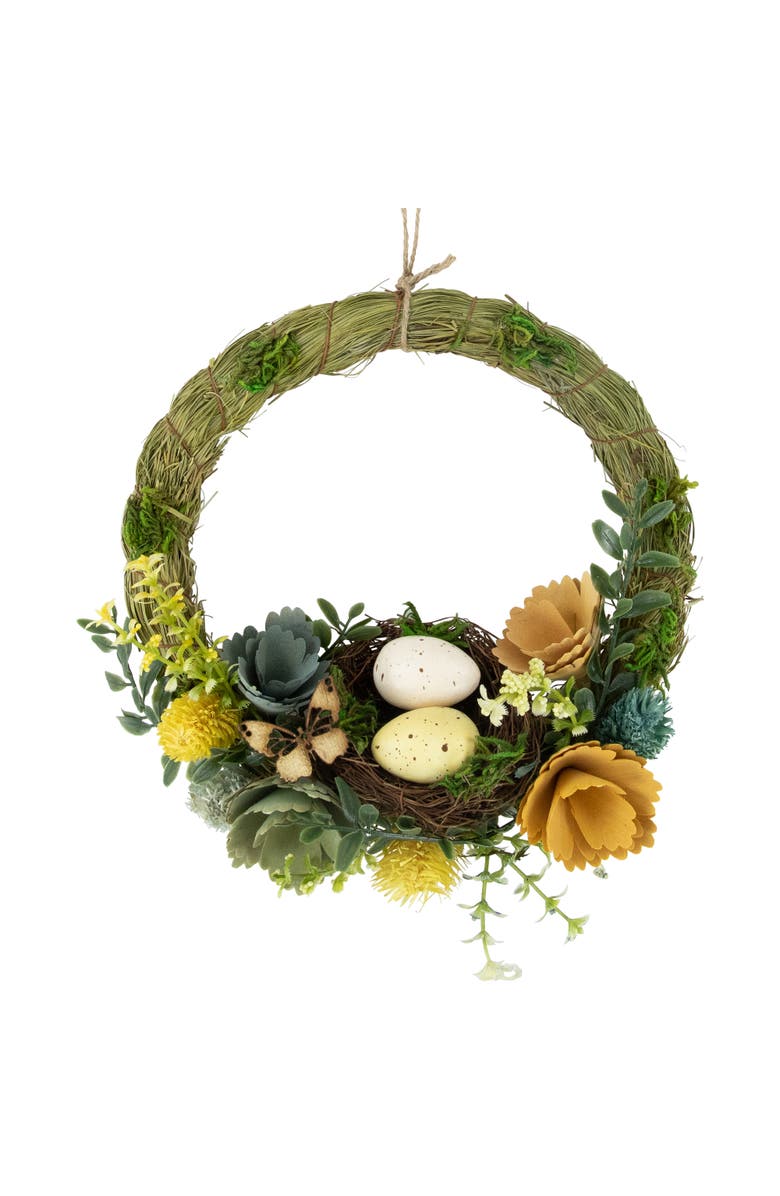 Northlight 12" Easter Egg and Bird Nest Wreath with Wooden Flowers, Main, color, Green