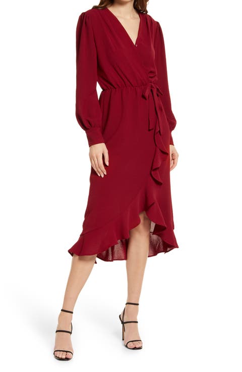 Faux Wrap Ruffle Long Sleeve Dress