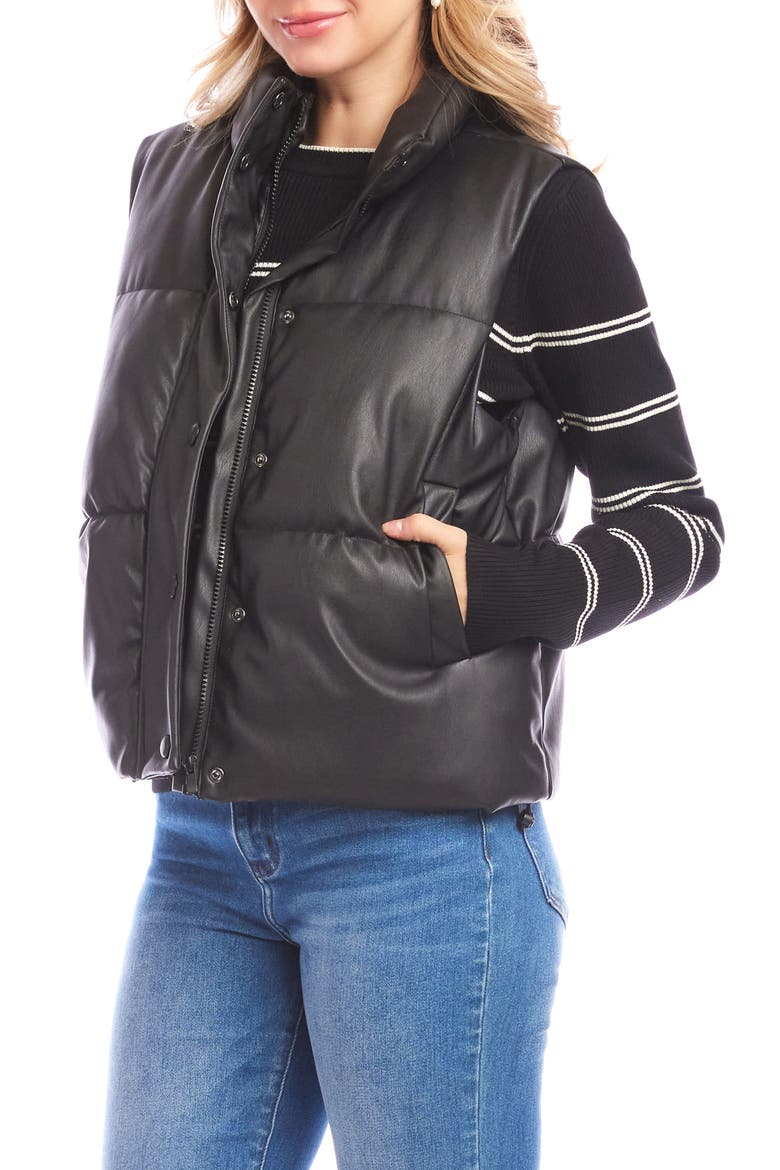 Quilted Faux Leather Puffer Vest, Alternate, color, BLACK